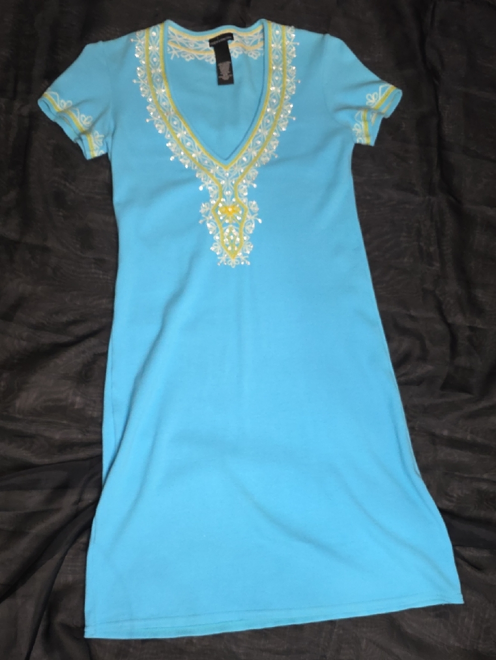 # 224 Vintage Y2K Moda International Embroidered Beaded Mini Dress Sky Blue S/P